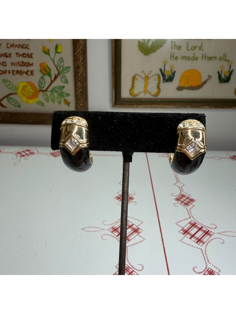 Swarovski crystal enamel half hoop clip earrings vintage 80s/90s